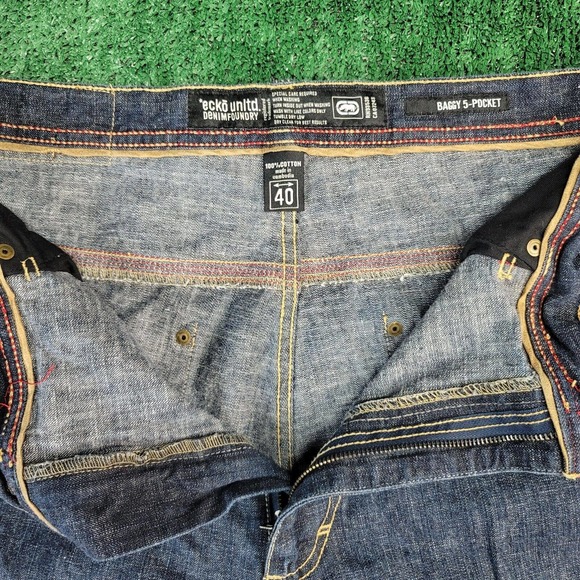 Ecko Unltd. Mens Classic Straight Jeans Blue 5 Pocket Baggy Fit Stitching 40x32 - Picture 8 of 10